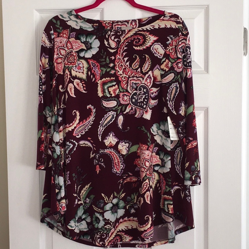 Chico’s Maroon Long Sleeve Floral Print Tunic